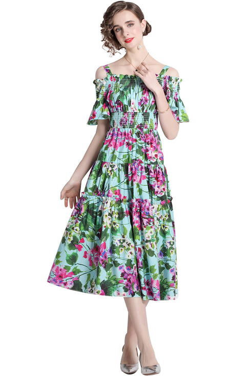 Runway Fashion Alluring Green Bellflower Print, Slash Neck, Elastic Waist, Ruffled Cocktail, Party Midi Dress
